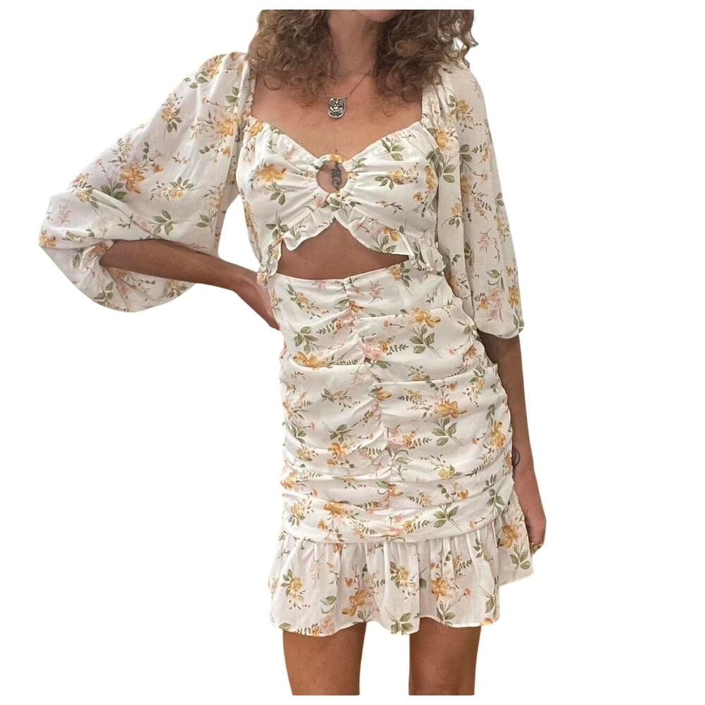 ACOA Smocked Off Shoulder Ruched Ruffle Floral Mini Babydoll Dress Sz Small